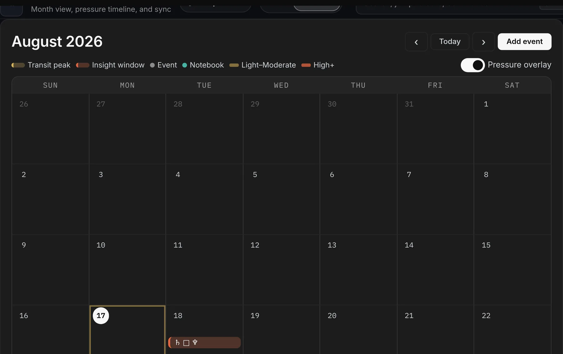A month calendar with transit timing windows as events, beside the pressure timeline they come from